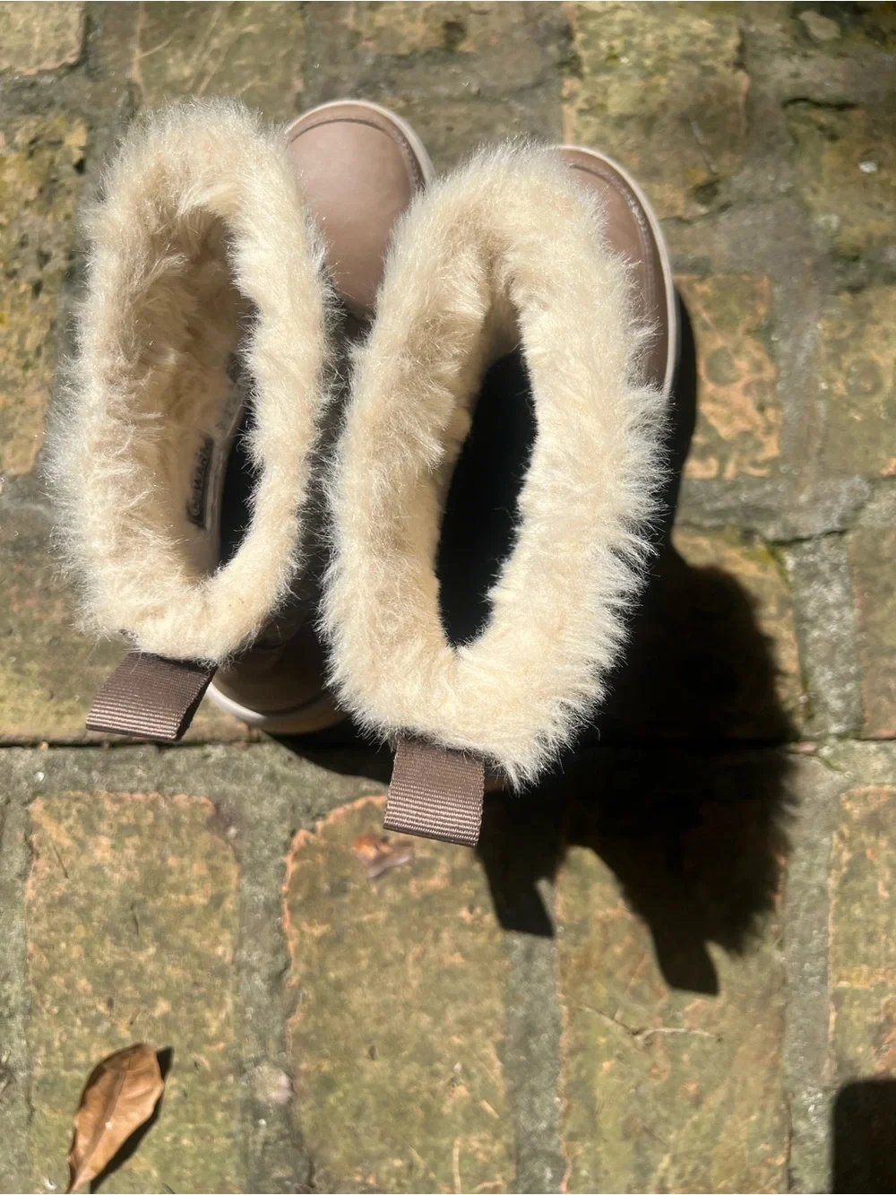 Merrell Taupe Leather & Quilted Ankle Winter Boots with Faux Fur Cuff